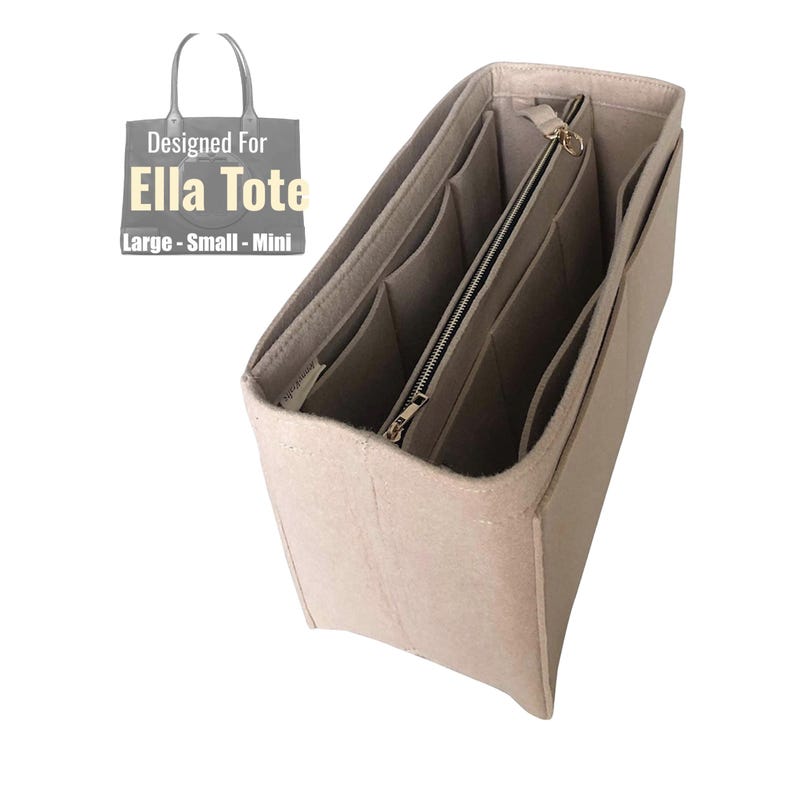 Organiseur de sac pour [Ella Tote], grand petit mini insert en feutre, poche pour ordinateur portable pour iPad, fermeture éclair en métal doré (avec sac à fermeture éclair amovible) Khaki