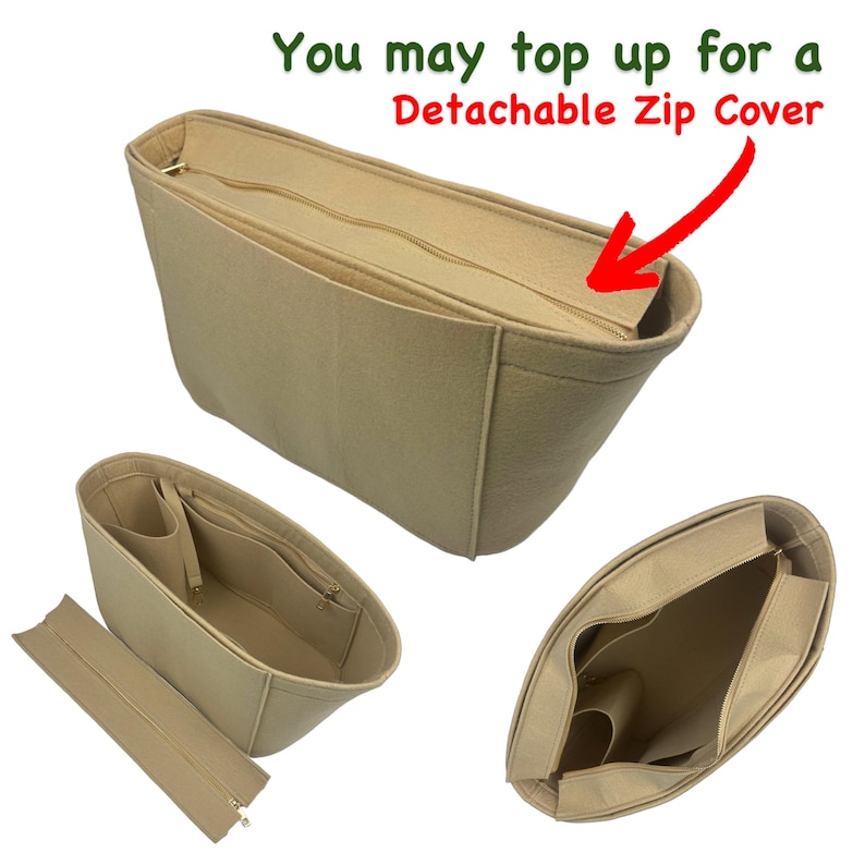 K&ouml;nnte beinhalten: Beige Filz-Taschen-Organizer mit mehreren F&auml;chern und einem abnehmbaren Rei&szlig;verschluss. Der Organizer hat eine rechteckige Form mit einem Rei&szlig;verschluss oben und mehreren Innentaschen. Der Text "You may top up for a Detachable Zip Cover" ist sichtbar.