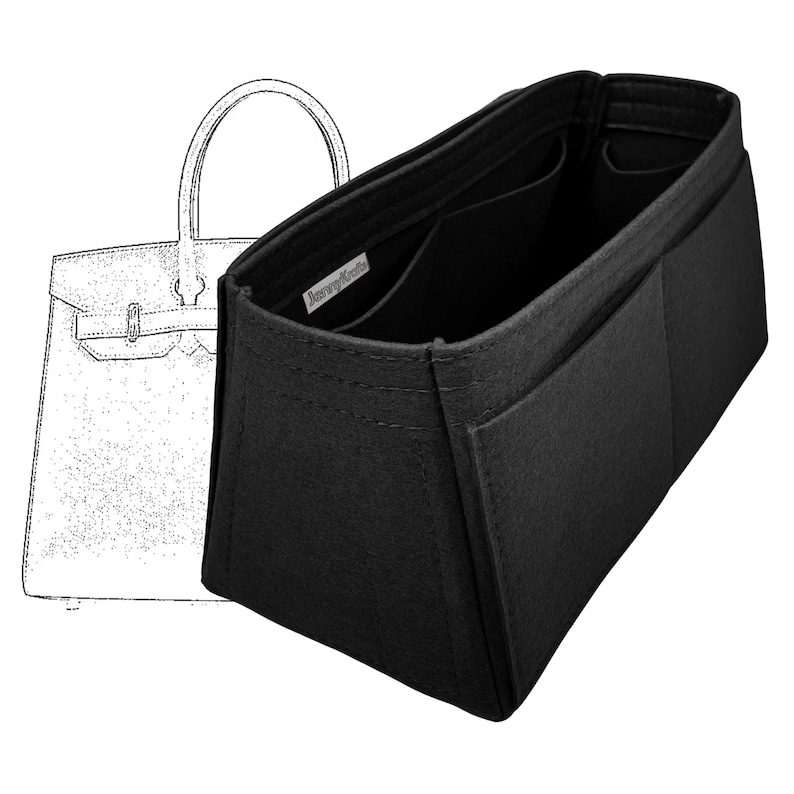 May include: Black felt handbag organiser with multiple compartments and pockets. The organiser is designed to fit inside a handbag. A sketch of a handbag is in the background. The brand name "JennyKrafts" is visible on a small label.