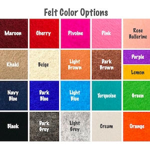 Pode incluir: Carta de op&ccedil;&otilde;es de cor de feltro com 20 cores diferentes, incluindo castanho, cereja, pivoine, rosa, rosa bailarina, c&aacute;qui, bege, castanho claro, castanho escuro, roxo, lim&atilde;o, azul marinho, azul escuro, azul claro, turquesa, verde, preto, cinzento escuro, cinzento claro, creme e laranja.