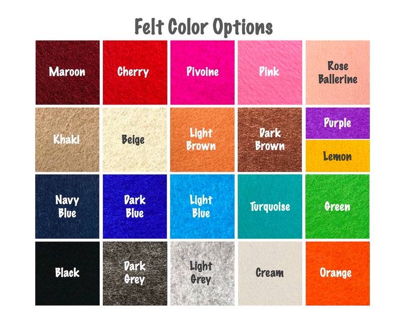 Pode incluir: Carta de op&ccedil;&otilde;es de cor de feltro com 20 cores diferentes, incluindo castanho, cereja, pivoine, rosa, rosa bailarina, c&aacute;qui, bege, castanho claro, castanho escuro, roxo, lim&atilde;o, azul marinho, azul escuro, azul claro, turquesa, verde, preto, cinzento escuro, cinzento claro, creme e laranja.