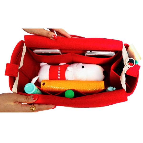 Customizable Bag Organizer (w/ Top Zipper), Tote Felt Purse Insert, Cosmetic Makeup Diaper Handbag Belongings Cherry Red