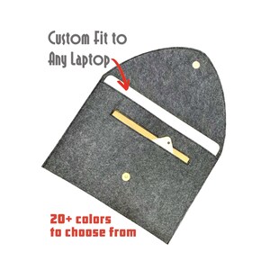 Pu&ograve; includere: Una custodia per laptop in feltro grigio con chiusura a bottone dorato. La custodia &egrave; aperta per mostrare l'interno, che &egrave; rivestito con un tessuto bianco. Il testo "Custom Fit to Any Laptop" &egrave; scritto in rosso nella parte superiore dell'immagine. Il testo "20+ colori tra cui scegliere" &egrave; scritto in rosso nella parte inferiore dell'immagine.