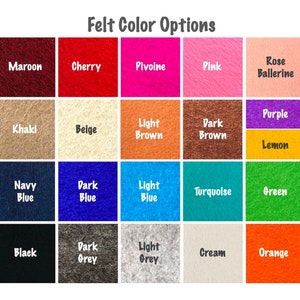 Op de afbeelding: Viltkleuren-optieskaart met 20 verschillende kleuren, waaronder bordeauxrood, kersrood, pivoine, roze, roze ballerina, kaki, beige, lichtbruin, donkerbruin, paars, citroen, donkerblauw, donkerblauw, lichtblauw, turquoise, groen, zwart, donkergrijs, lichtgrijs, cr&egrave;me en oranje.