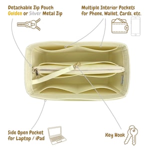 Organizer Neverfull GM MM PM (z odpinaną torbą na zamek błyskawiczny), wkładka z filcu do torebki, kieszeń na laptopa i iPada ze złotym zamkiem błyskawicznym zdjęcie 3
