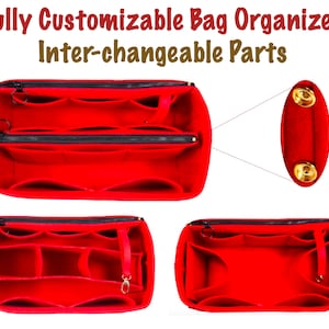 Puede incluir: Organizador de bolso de fieltro rojo con m&uacute;ltiples compartimentos y cierre de cremallera. El organizador tiene partes intercambiables, como se muestra en los broches de metal dorado en el lateral.