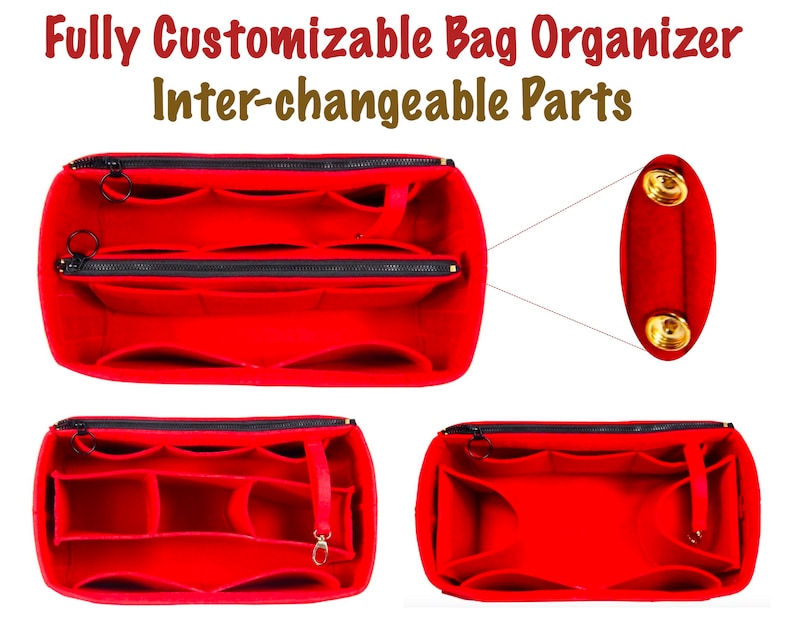 Puede incluir: Organizador de bolso de fieltro rojo con m&uacute;ltiples compartimentos y cierre de cremallera. El organizador tiene partes intercambiables, como se muestra en los broches de metal dorado en el lateral.