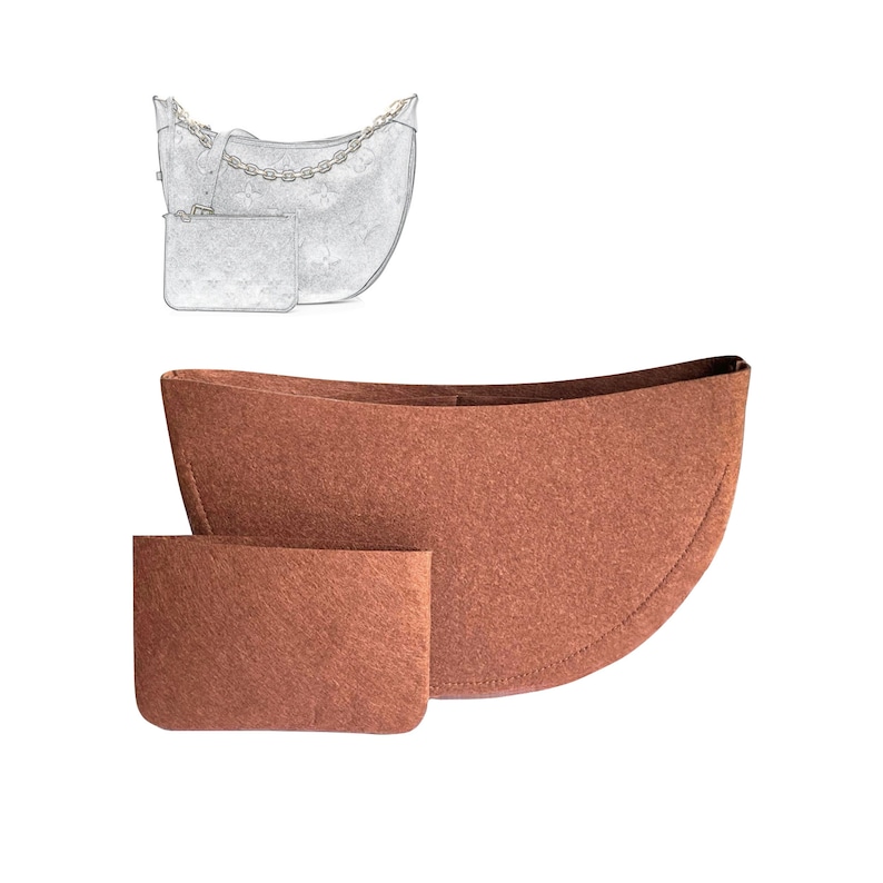 May include: A set of two brown felt bags, one large and one small, designed to fit inside each other. The larger bag has a curved shape, while the smaller bag is rectangular.
