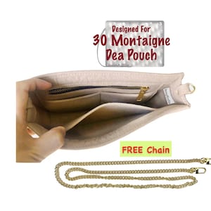 May include: Beige handbag organizer with multiple compartments and a gold zipper. The text "Designed For 30 Montaigne Dea Pouch" is visible. Includes a gold chain. The text "FREE Chain" is also visible.