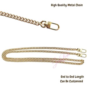 May include: Gold-colored metal chain with a lobster clasp and a small chain segment at the top. The text "High Quality Metal Chain" is at the top. The text "End to End Length Can Be Customized" is at the bottom.