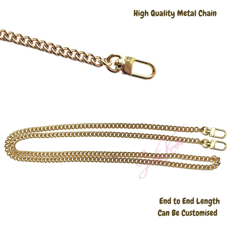 May include: Gold-colored metal chain with a lobster clasp and a small chain segment at the top. The text "High Quality Metal Chain" is at the top. The text "End to End Length Can Be Customized" is at the bottom.