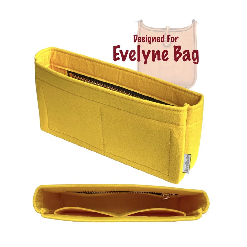 May include: A bright yellow bag organizer with a black zipper and multiple compartments. The text "Designed For Evelyne Bag" is visible in the image. The organizer is designed to fit inside a bag.