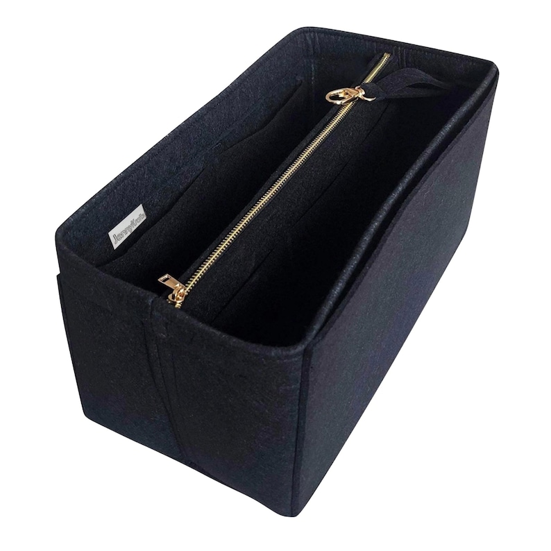 Organizer for [Graceful PM MM] (Style B), Tote Felt Purse Insert (w/ Detachable Zipper Bag), Laptop iPad Pocket, Zip Metal Gold Makeup Black