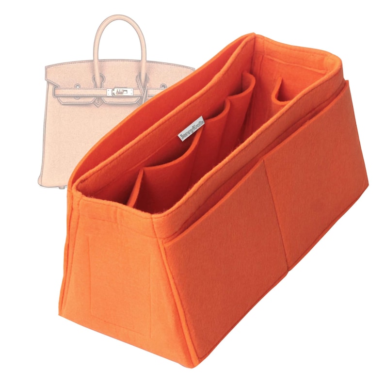 Customizable Organizer for Tapered Bag, Birkin Satchel Doctor Tote Felt Purse Insert, Cosmetic Makeup Diaper Handbag, Zipped Belongings Orange