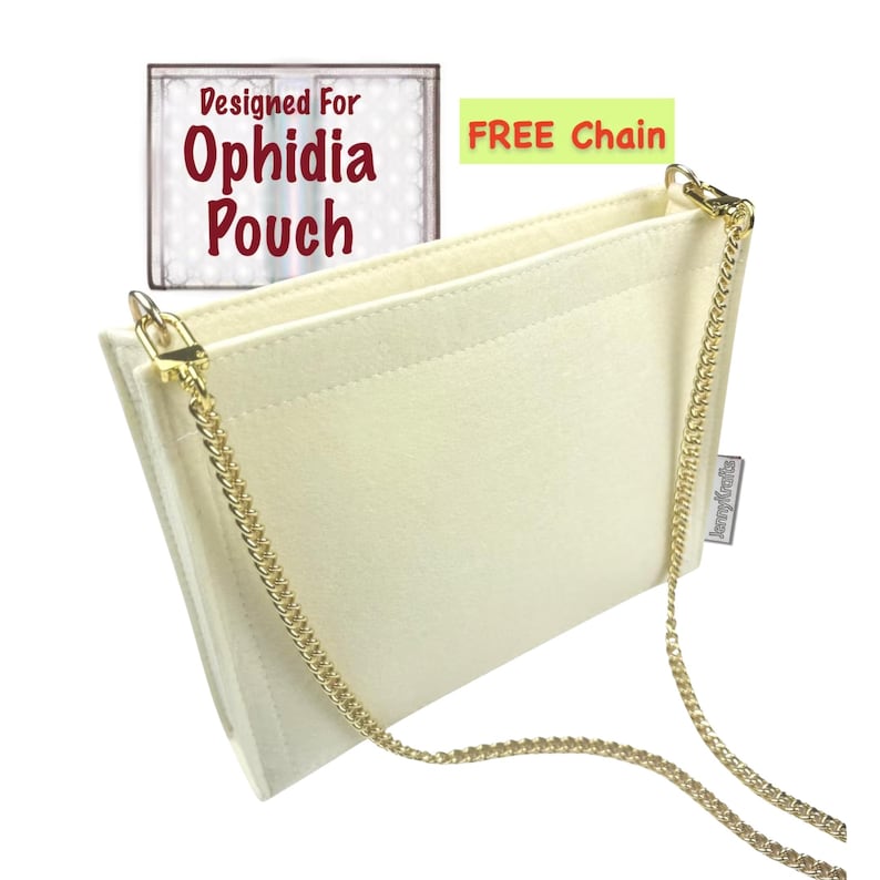 May include: Cream-coloured felt pouch with a gold chain strap. The pouch is designed for an Ophidia pouch and includes the text "Designed For Ophidia Pouch" and "FREE Chain".