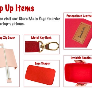 May include: A set of felt inserts for handbags, including a base shaper, top zip cover, metal key hook, invisible handles, and a personalised leather tag. The tag is red with a brown label that says "Jenny Krafts".
