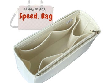 May include: A cream-colored felt handbag organizer insert with multiple interior compartments and a zippered top closure. A small graphic in the upper left corner shows a handbag with the text DESIGNED FOR Speed. Bag in red and grey.