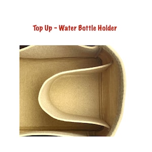 May include: Beige felt water bottle holder with a single compartment. The holder is designed to fit inside a larger bag.