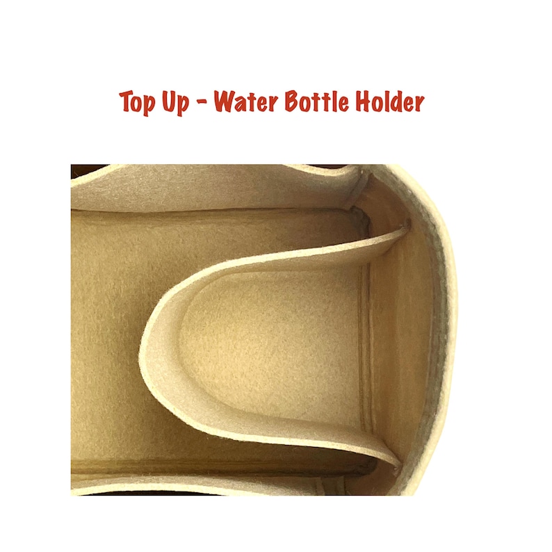 May include: Beige felt water bottle holder with a single compartment. The holder is designed to fit inside a larger bag.