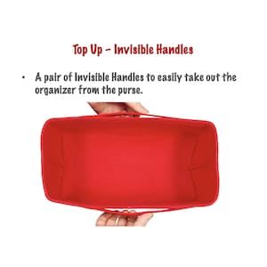 May include: Red felt organizer with invisible handles. The handles are sewn into the top edge of the organizer, allowing it to be easily removed from a purse.