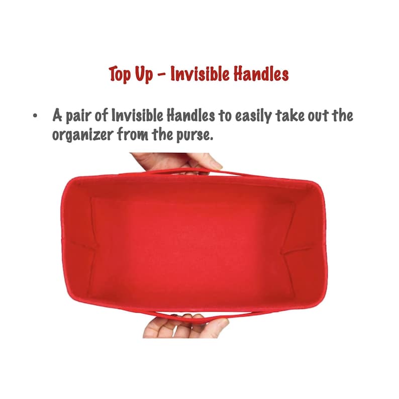 May include: Red felt organizer with invisible handles. The handles are sewn into the top edge of the organizer, allowing it to be easily removed from a purse.