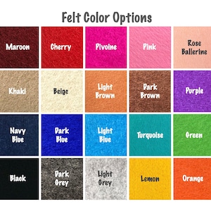 May include: A color chart showing 20 different felt colors. The colors are arranged in four rows of five colors each. The colors are: maroon, cherry, pivoine, pink, rose ballerine, khaki, beige, light brown, dark brown, purple, navy blue, dark blue, light blue, turquoise, green, black, dark grey, light grey, lemon, and orange.