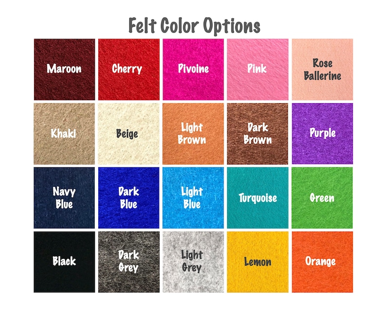 May include: A color chart showing 20 different felt colors. The colors are arranged in four rows of five colors each. The colors are: maroon, cherry, pivoine, pink, rose ballerine, khaki, beige, light brown, dark brown, purple, navy blue, dark blue, light blue, turquoise, green, black, dark grey, light grey, lemon, and orange.