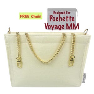 May include: Cream-colored felt bag organizer with gold-tone chain handles. The bag has a rectangular shape with a top opening and a small pocket. Text on the image reads "FREE Chain" and "Designed For Pochette Voyage MM".