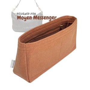 May include: A brown felt bag organizer with a zipper closure and multiple compartments. The text "DESIGNED FOR Moyen Messenger" is visible at the top. The organizer is designed to fit inside a handbag.