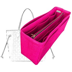 May include: A bright pink felt handbag organizer insert featuring multiple interior compartments and a central zippered pocket. The organizer is positioned in front of a black and white line drawing of a tote bag with thin shoulder straps.