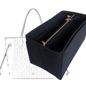 Pode incluir: Organizador de bolsa de feltro preto com v&aacute;rios compartimentos e um bolso com z&iacute;per. O organizador &eacute; projetado para caber dentro de uma bolsa tote maior.