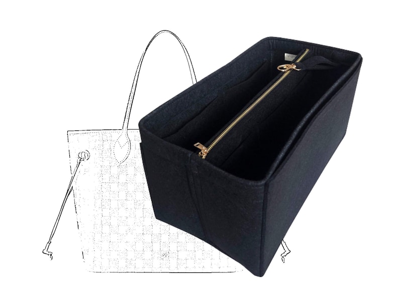 Pode incluir: Organizador de bolsa de feltro preto com v&aacute;rios compartimentos e um bolso com z&iacute;per. O organizador &eacute; projetado para caber dentro de uma bolsa tote maior.