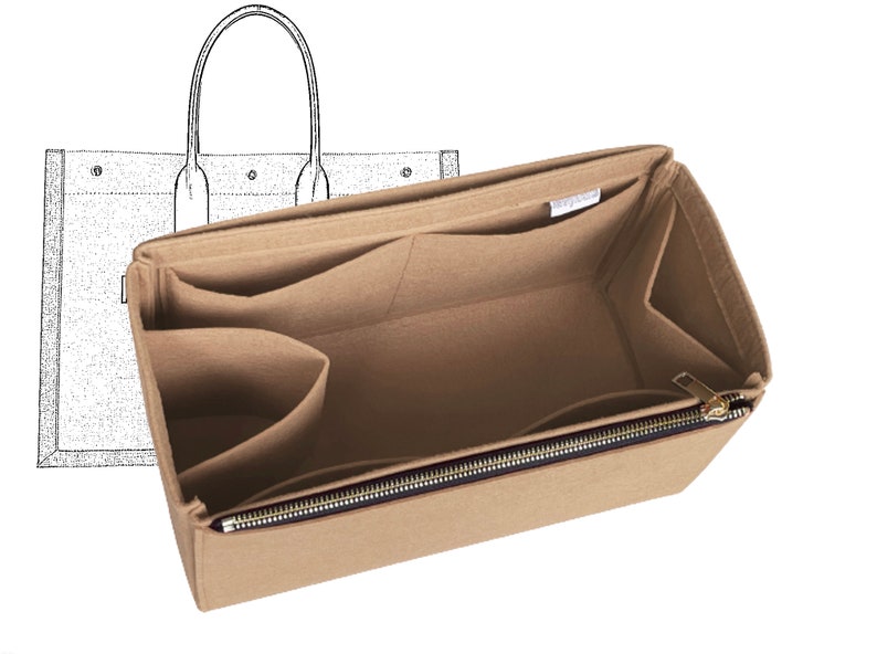 May include: Beige felt bag organiser with multiple compartments and a zipped pocket. The organiser is designed to fit inside a larger tote bag.