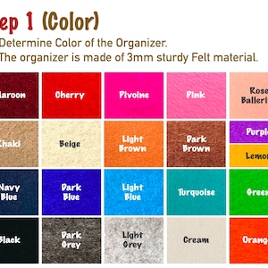 Puede incluir: Una carta de colores de 18 muestras de tela de fieltro, cada una con una etiqueta que indica su color. Los colores incluyen marr&oacute;n, cereza, pivoine, rosa, rosa bailarina, caqui, beige, marr&oacute;n claro, marr&oacute;n oscuro, morado, lim&oacute;n, azul marino, azul oscuro, azul claro, turquesa, verde, negro, gris oscuro, gris claro, crema y naranja.
