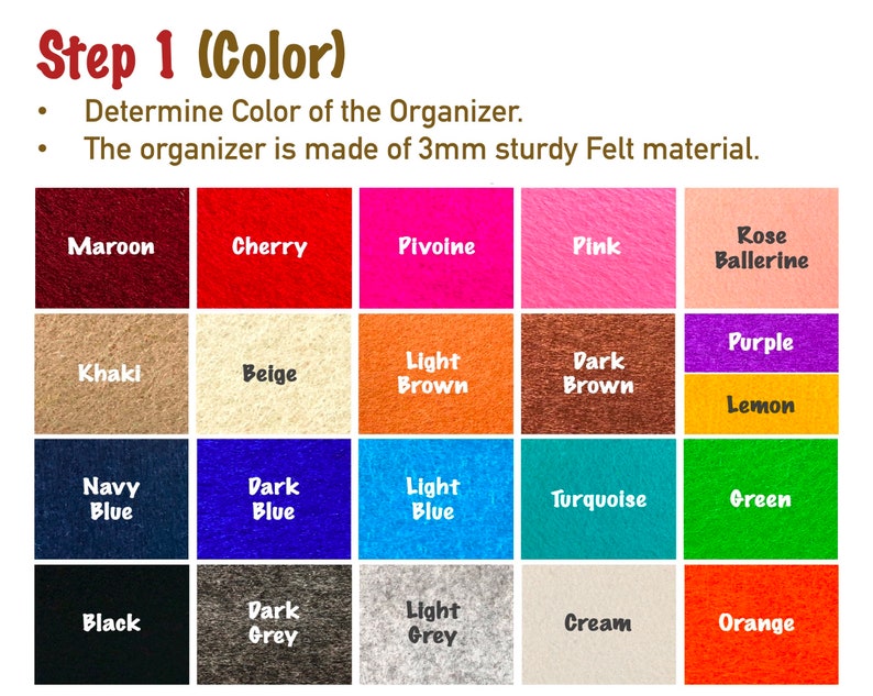 Puede incluir: Una carta de colores de 18 muestras de tela de fieltro, cada una con una etiqueta que indica su color. Los colores incluyen marr&oacute;n, cereza, pivoine, rosa, rosa bailarina, caqui, beige, marr&oacute;n claro, marr&oacute;n oscuro, morado, lim&oacute;n, azul marino, azul oscuro, azul claro, turquesa, verde, negro, gris oscuro, gris claro, crema y naranja.