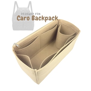 May include: Beige felt backpack organizer with multiple compartments and a zippered closure. The text "DESIGNED FOR Caro Backpack" is printed on the top left. The organizer is designed to fit inside a backpack.