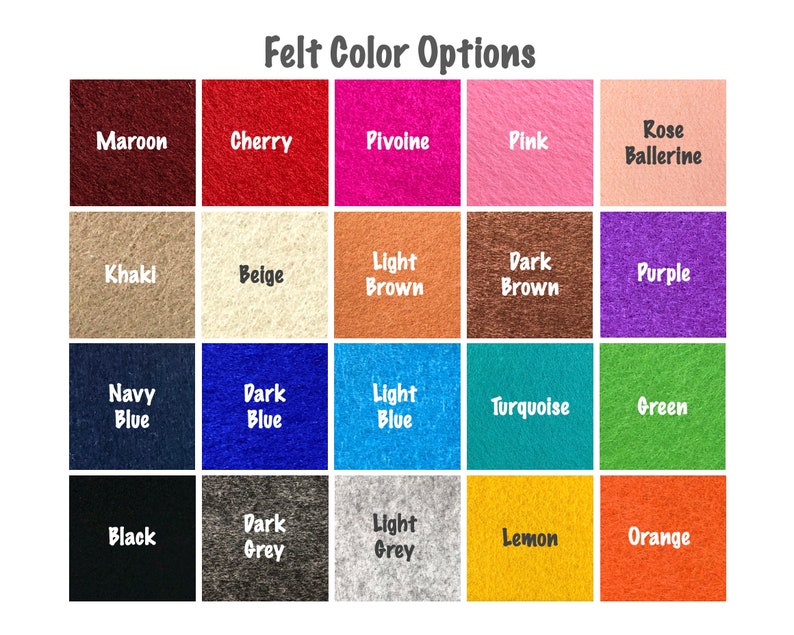 Op de afbeelding: Een kleurenkaart met 20 verschillende viltkleuren. De kleuren zijn gerangschikt in vier rijen van vijf kleuren. De kleuren zijn: donkerrood, kersrood, pivoine, roze, roze ballerina, kaki, beige, lichtbruin, donkerbruin, paars, donkerblauw, donkerblauw, lichtblauw, turquoise, groen, zwart, donkergrijs, lichtgrijs, citroen en oranje.
