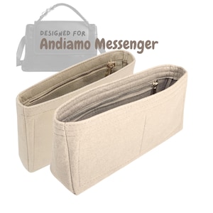 May include: Two beige felt bag organizers with zippered compartments. The text "DESIGNED FOR Andiamo Messenger" is above the organizers. The organizers are designed to fit inside a messenger bag.