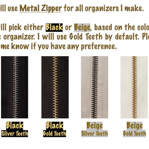 May include: Four metal zippers with different colour combinations. Black zipper with silver teeth, black zipper with gold teeth, beige zipper with silver teeth, and beige zipper with gold teeth.