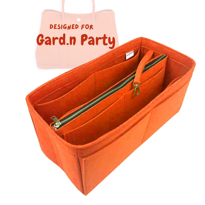 May include: Orange felt bag organizer with multiple pockets and a zippered compartment. The organizer is designed for a Gard.n Party bag.