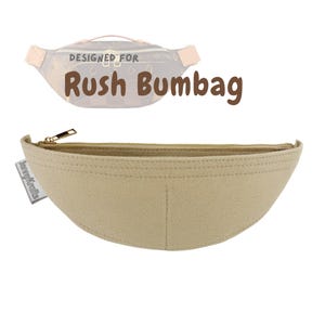 May include: Beige felt Rush Bumbag organizer with a gold zipper and a small tag that says "JennyKrafts". The organizer is designed to fit inside a Rush Bumbag. The text "DESIGNED FOR Rush Bumbag" is in brown.