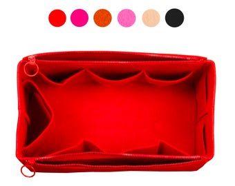 Customizable Bag Organizer (w/ Double Zipper Pockets), Tote Felt Purse Insert, Cosmetic Makeup Diaper Handbag Belongings Cherry Red