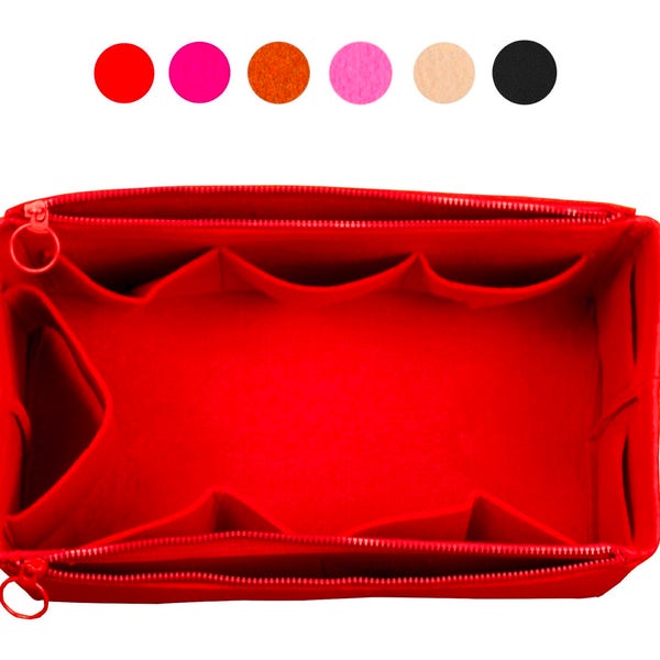 Customizable Bag Organizer (w/ Double Zipper Pockets), Tote Felt Purse Insert, Cosmetic Makeup Diaper Handbag Belongings Cherry Red