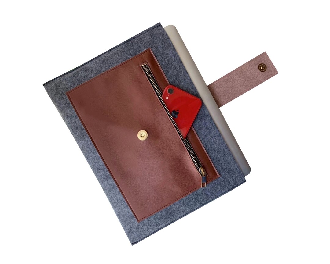 Felt Laptop Bag Organizer With Leather Pocket Sleeve Pocket Etsy