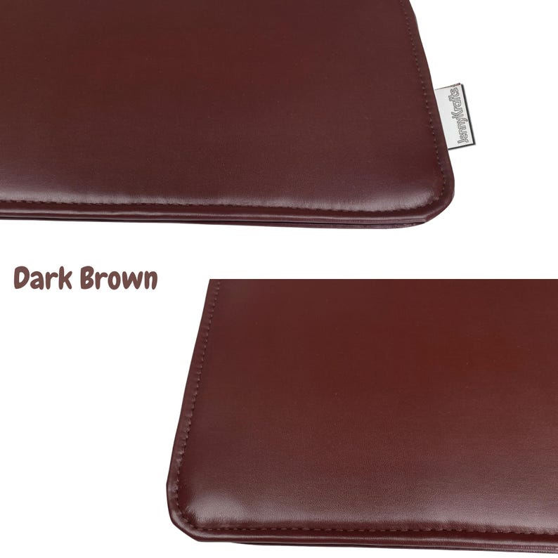 May include: Close-up of a dark brown leather product. The product has a smooth surface and a stitched edge. The text "Dark Brown" is visible in the image. A small tag with the text "lennykrafts" is also visible.