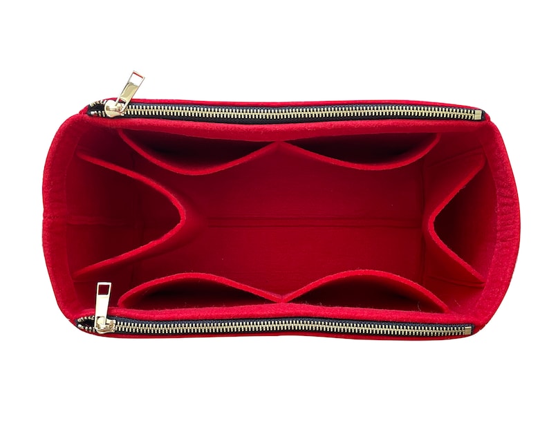 Neverfull GM MM PM Organisateur de sac avec poches à double fermeture éclair, insert de sac à main en feutre fourre-tout, sac à main à couches cosmétiques fermeture éclair en métal doré cerise image 3