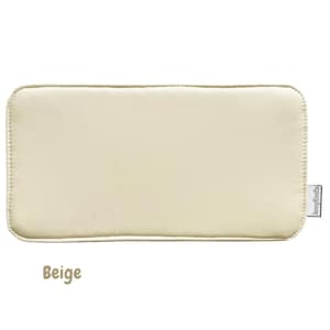 May include: A rectangular beige cushion with rounded corners. The cushion has a stitched border and a smooth surface. The word "Beige" is written in a brown, handwritten font at the bottom of the image.