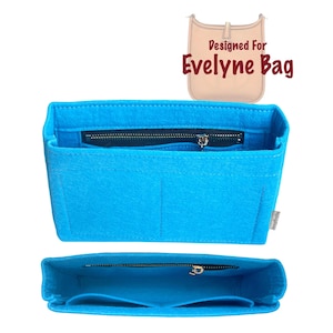 May include: A bright turquoise felt bag organizer with a black zipper and multiple compartments. The text "Designed For Evelyne Bag" is above the organizer. The organizer is shown from two angles, open and closed.