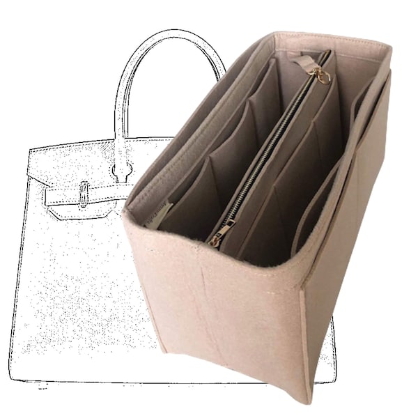 Birkin 30 35 25 40 Organizer (w/ Detachable Zipper Bag), Tote Felt Purse Insert, Makeup Gold Golden Zip Laptop iPad Pocket