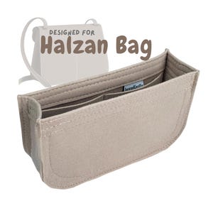 May include: Beige felt bag organiser with multiple compartments, designed for the Halzan Bag. The organiser has a rectangular shape with rounded corners and is stitched with white thread. The text "DESIGNED FOR Halzan Bag" is visible in the image.
